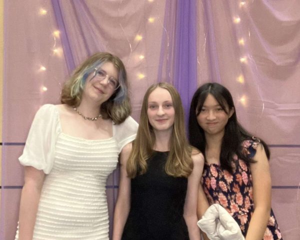 Justina Wang, Clarisse Lajeunesse and Em Haas standing in front of a backdrop slimling at the Homecoming Dance.