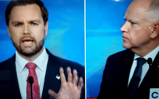 J.D. Vance (left), former President Donald Trump's VP choice, debates with Tim Walz (right), Vice President Kamala Harris's VP pick.   