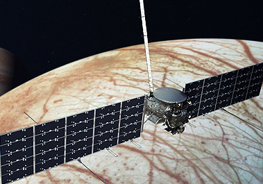 An artist's illustration of the Europa Clipper arriving at Jupiter's moon Europa. Photo courtesy of NASA. 