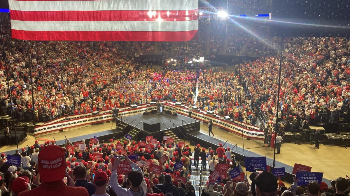 Trump speaks to the crowd at his rally at the Bryce Jordan Center on Oct. 26.