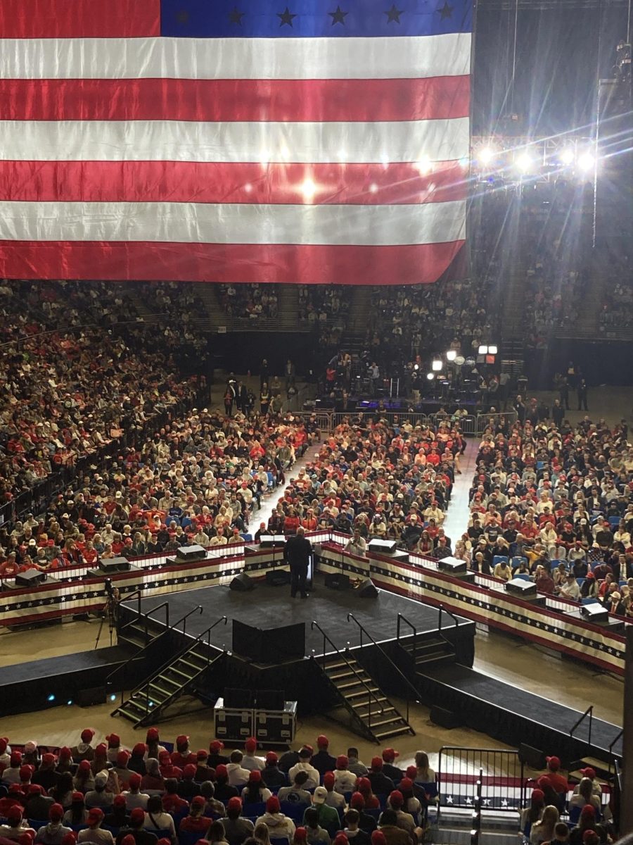 Trump speaks at the Bryce Jordan Center. 