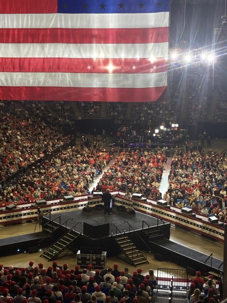 Trump speaks to the crowd during his rally at the Bryce Jordan Center on Oct. 26. 