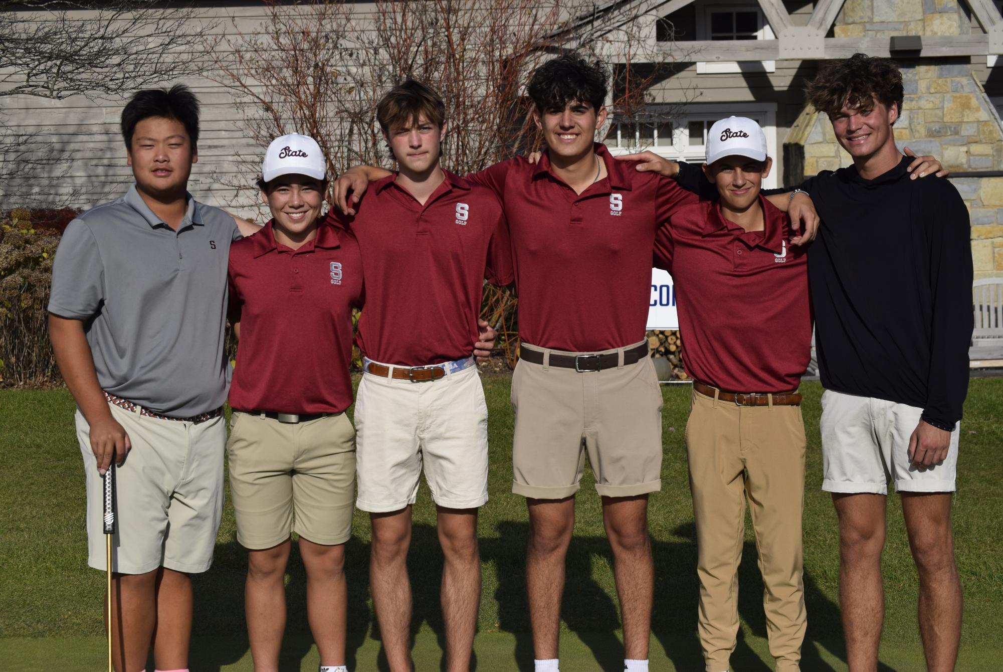 Jacky Sun, Charlie Ladrido, Brady Wager, Devin Farahani, Luke McGraw, and Chris Warner stand together at the PIAA Golf State Championships.