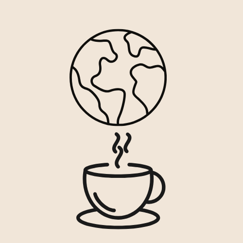 A coffee cup with steam rising out of it and an image of the globe above it.