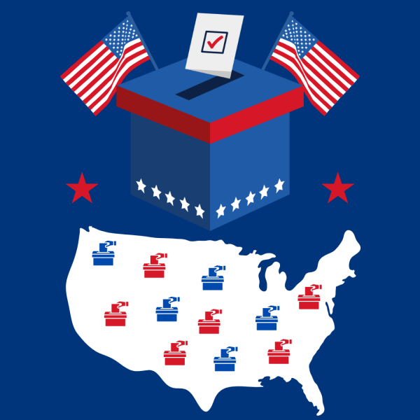 Ballot box, American flags, ballot, and a map of America showing red and blue ballot boxes, representing various voting procedures per state.