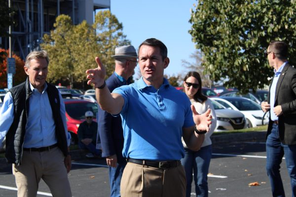 Pennsylvania Attorney General candidate Eugene DePasquale speaks to a crowd during the "Blue Wall Bus Tour" in State College.