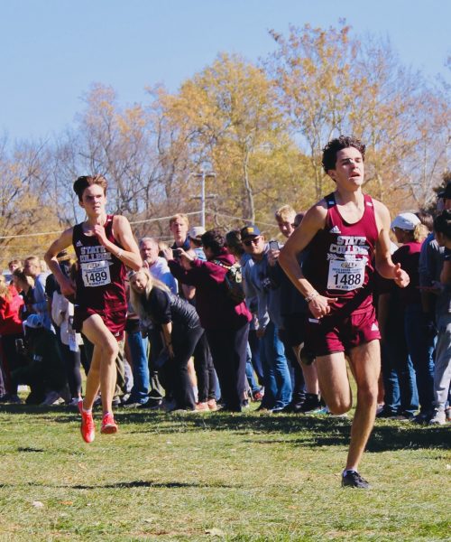 Brothers Isaac and Theo Oppermann near the finish line at the PIAA Cross Country State Championship on Nov. 4th.