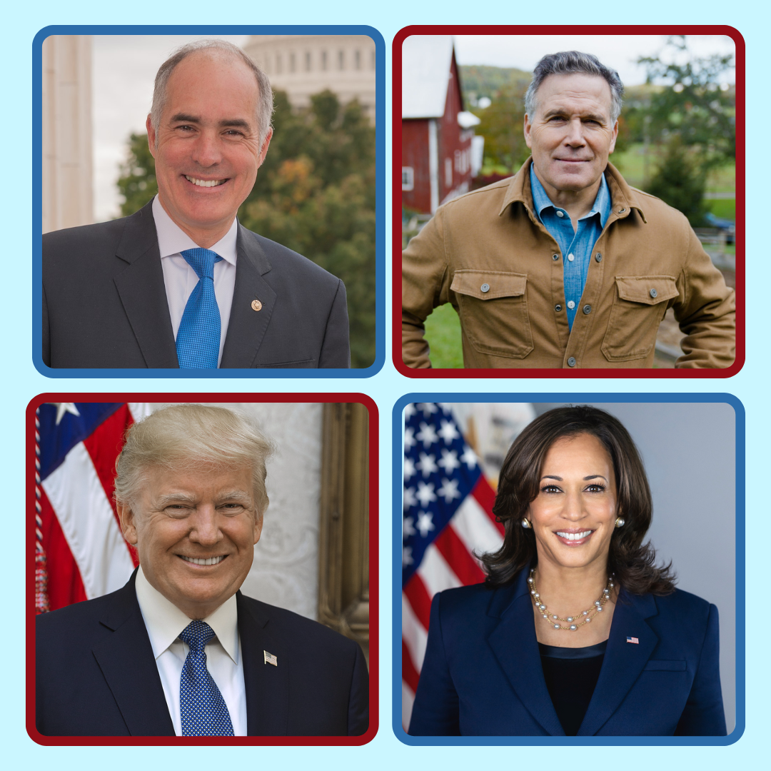 Graphic showing the Democratic and Republican candidates for President and the Senate seat in Pennsylvania. Top left is Bob Casey (Dem.), top right is Dave McCormick (Rep.), bottom left is Donald Trump (Rep.), and bottom right is Kamala Harris (Dem.). Images of Casey, Trump, and Harris are official government portraits, and image of McCormick is his campaign headshot that is able to be downloaded via his website. Graphic courtesy of Grace Levy. 