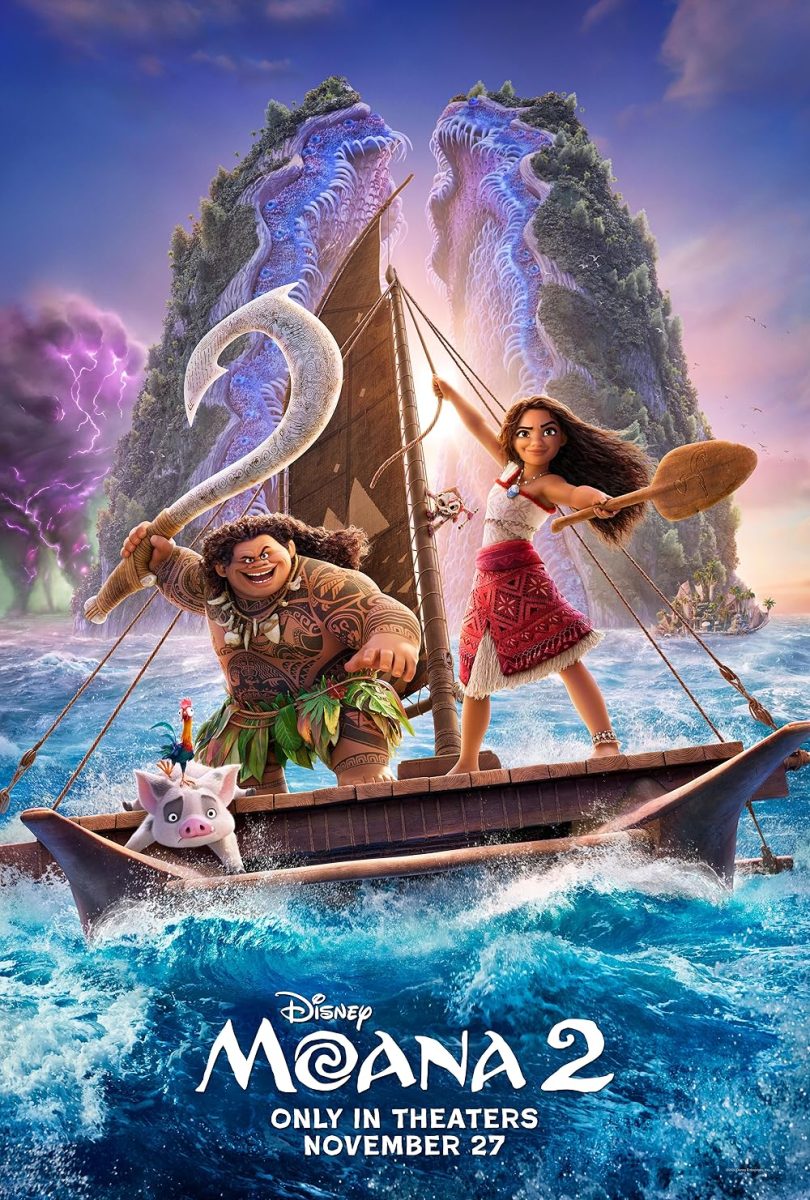 Moana 2 characters "Maui" and "Moana" on a boat in the ocean with a monster behind them.