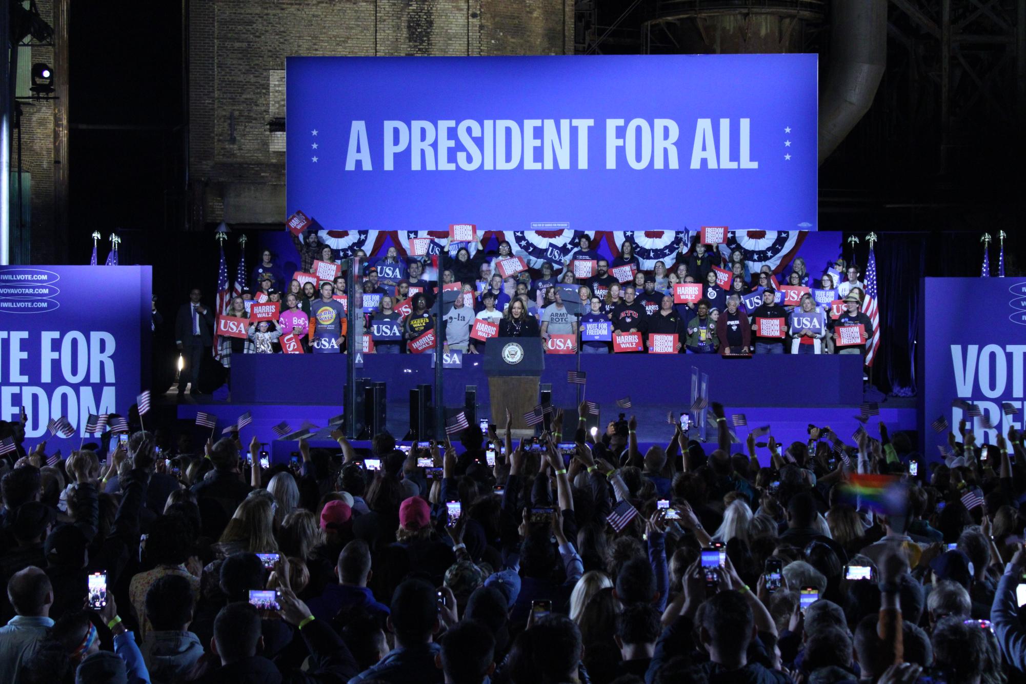 Cover Photo: Kamala Harris speaks to her Pittsburgh crowd on Election Eve. 