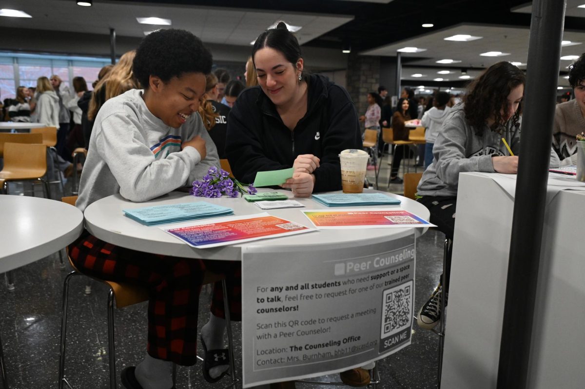 Seniors Lové McGriff (left) and Tori Risha (right) sit at the Peer Counseling table at the Mental Health Summit. They are both a part of this team that “...help support peers that are our age who struggle with mental health issues and other things that they may struggle with, like family issues, and they can just come and talk to us if they need to let it out and don't want to talk to an adult,” Risha said. 