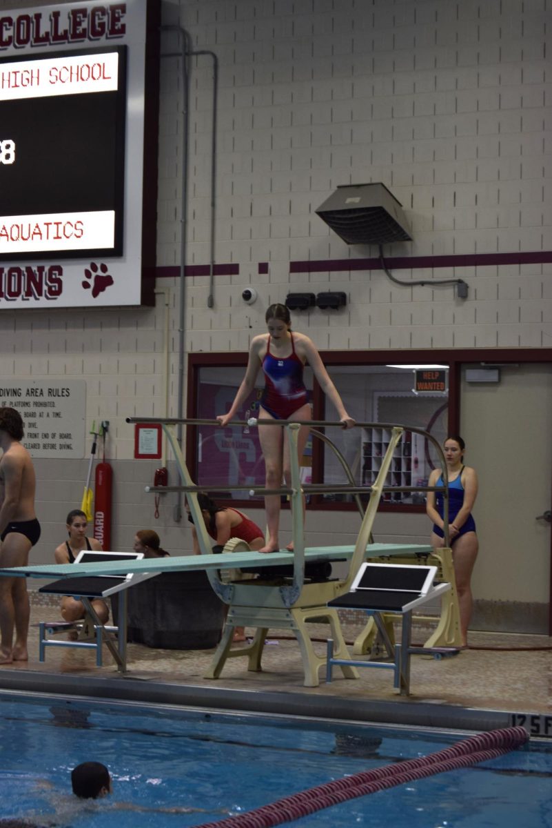 State High freshman, Nora Poole, getting on the board to practice her front dive straight. Poole first started diving last winter and joined the State High team for the 2024-25 season.