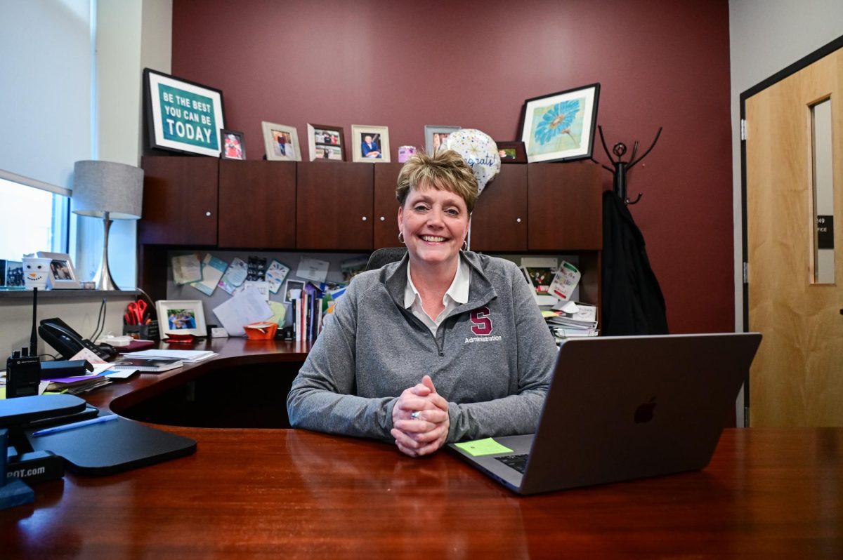 Principal Laura Tobias sits in her office, where she often meets with students and faculty about their thoughts and initiatives. “Her door's always open and she's always willing to listen and I think as a leader that's the number one skill you could have is just people trust coming to talk to you,” Assistant Principal Ryan Walsh said. 