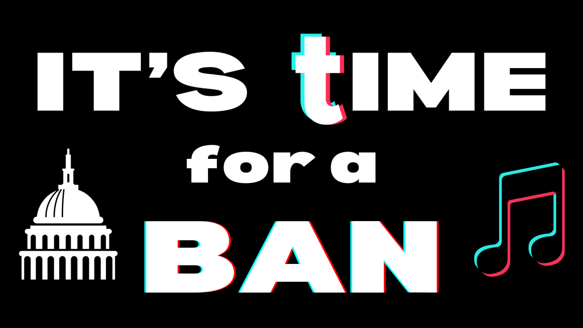 Canva graphic made by Anna Herickhoff depicting the words "It's Time for a Ban" with a TikTok logo and graphic of the Capitol building. 