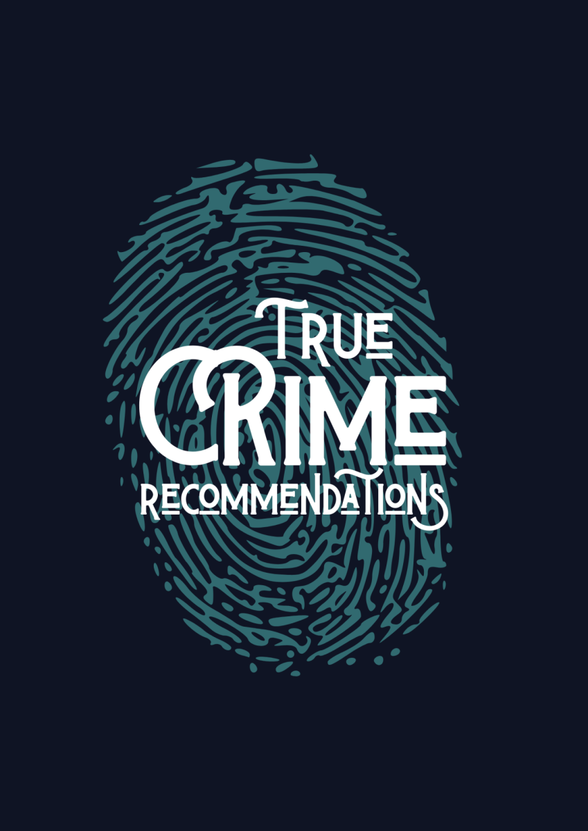 Canva Infographic made by Clara Kraft showing an image of a fingerprint to represent the genre of true crime and the many recommendations that are a part of the genre. 