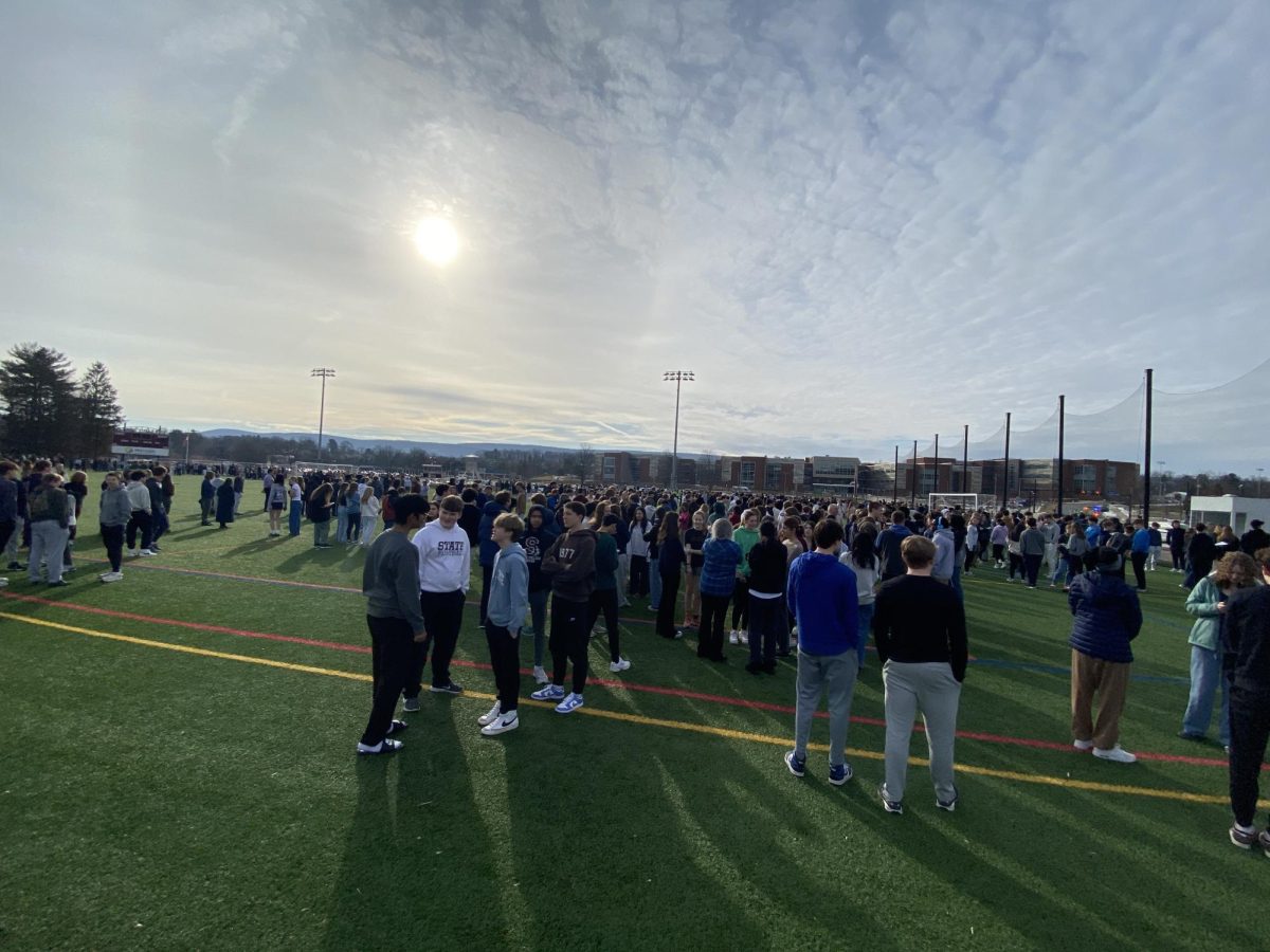 Students in clusters on North Turf field. State High is seen in the background.