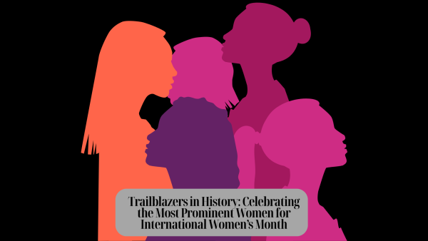 Cover photo made by Ainsley Laws via Canva displaying "Trailblazers in History: Celebrating the Most Prominent Women for International Women’s Month", with women silhouettes behind on a black background.