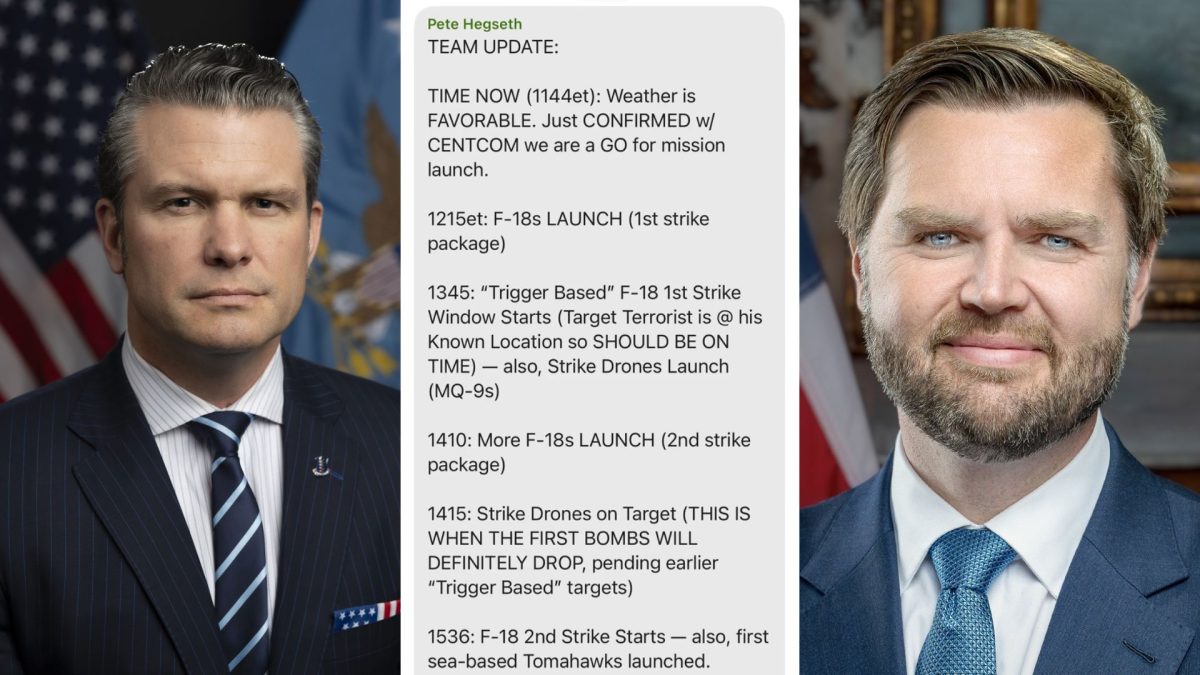 Pete Hegseth, Secretary of Defense (left), JD Vance, VP (right), screenshot of leaked Signal group chat about bomb updates
