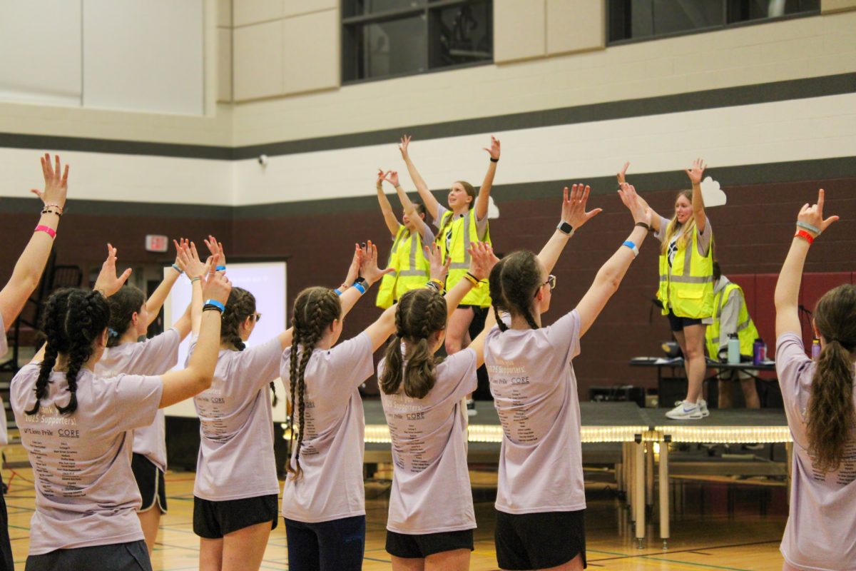 Students perform the 2025 mini-THON line dance. The line dance reflects events from the past year and is repeated throughout the night to build morale. The theme for this year's event is "The Sky's the Limit."