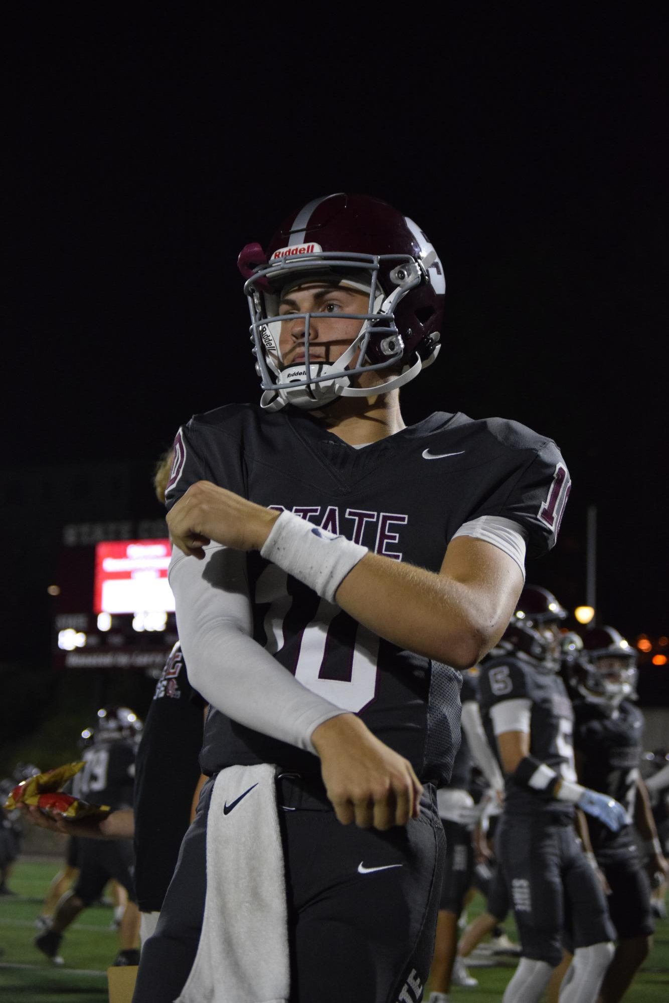 Sophomore Connor Kulka warms up before the second half.