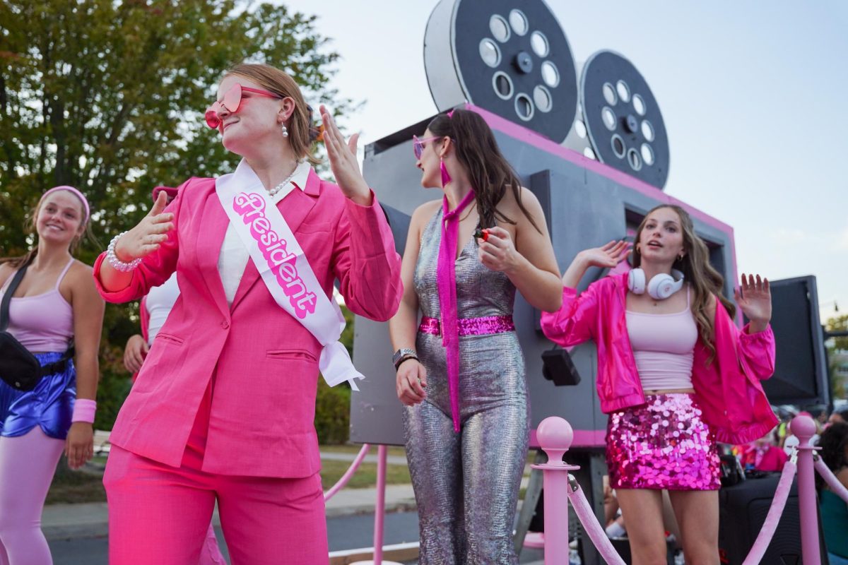 Seniors Camryn MacNeely, Ella Doby, Miley McLaughlin and Paige Adams dance upon the Girls Volleyball Team's 'Barbie' float. The team won first place in the annual float competition, bringing them to their fourth title in a row. The win did not come without effort, though: "We worked super hard with all of the planning and locked in on the little details around the float to make it perfect. Hearing our team called made me super excited; I'm proud to have won all four years [of my highschool career]" Doby said. 