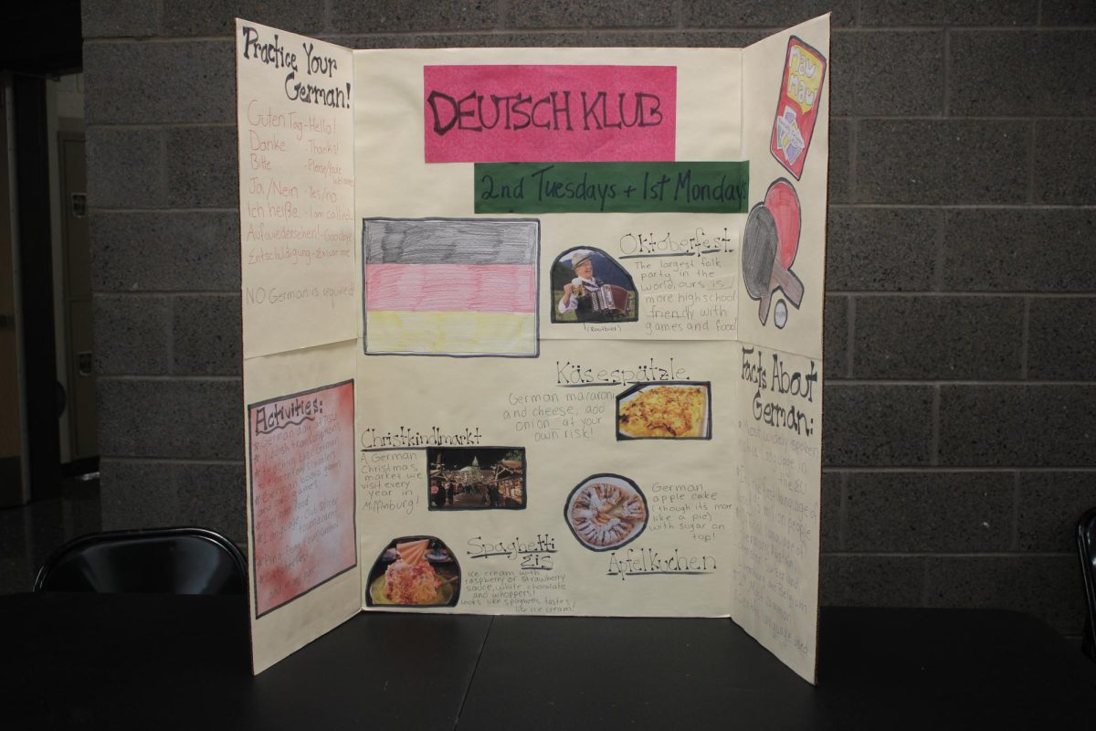 Poster for German Club that tells students different German facts, when the club meetings are, a few examples of German words, and the German flag.