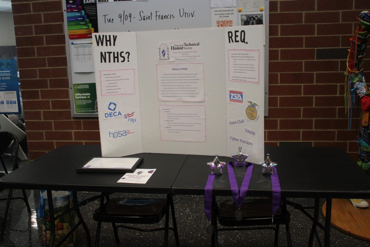 Poster board of The National Technical Honor Society set up in the school hallways for students to look and possibly join the club.