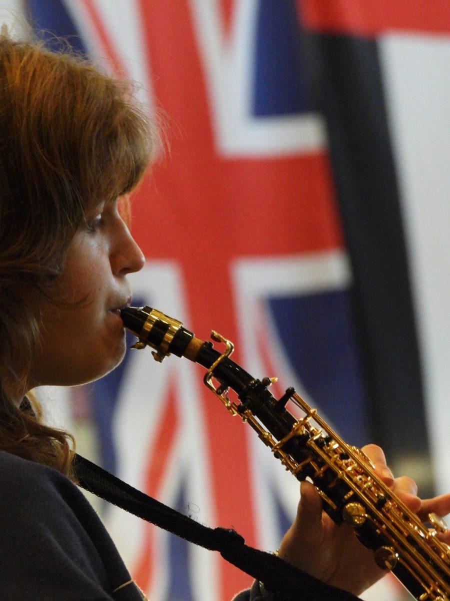Senior Emerson Rand plays soprano saxophone with the Smash Tacklers.