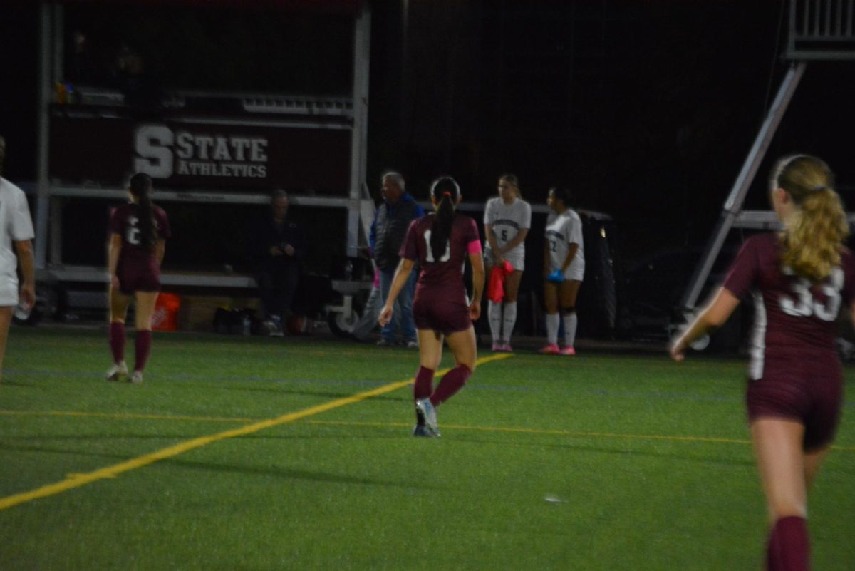 Senior Leila Crandall (center back) walks on the field during the first half. Crandall is one of the two senior captains, the other being Maya Birkenholtz. When asked about Crandall’s shining moments, Head Coach Kent Dwyer said, “Leila and Syd as a tandem in the back, really just [control] our back line being vocal.”