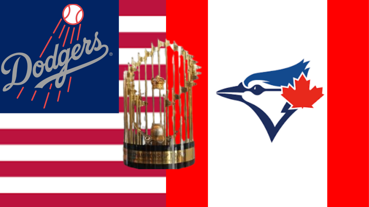 Graphic shows American Los Angeles Dodgers (left) and Canadian Toronto Blue Jays (right) battling it out for the Commissioner's Trophy (center). 