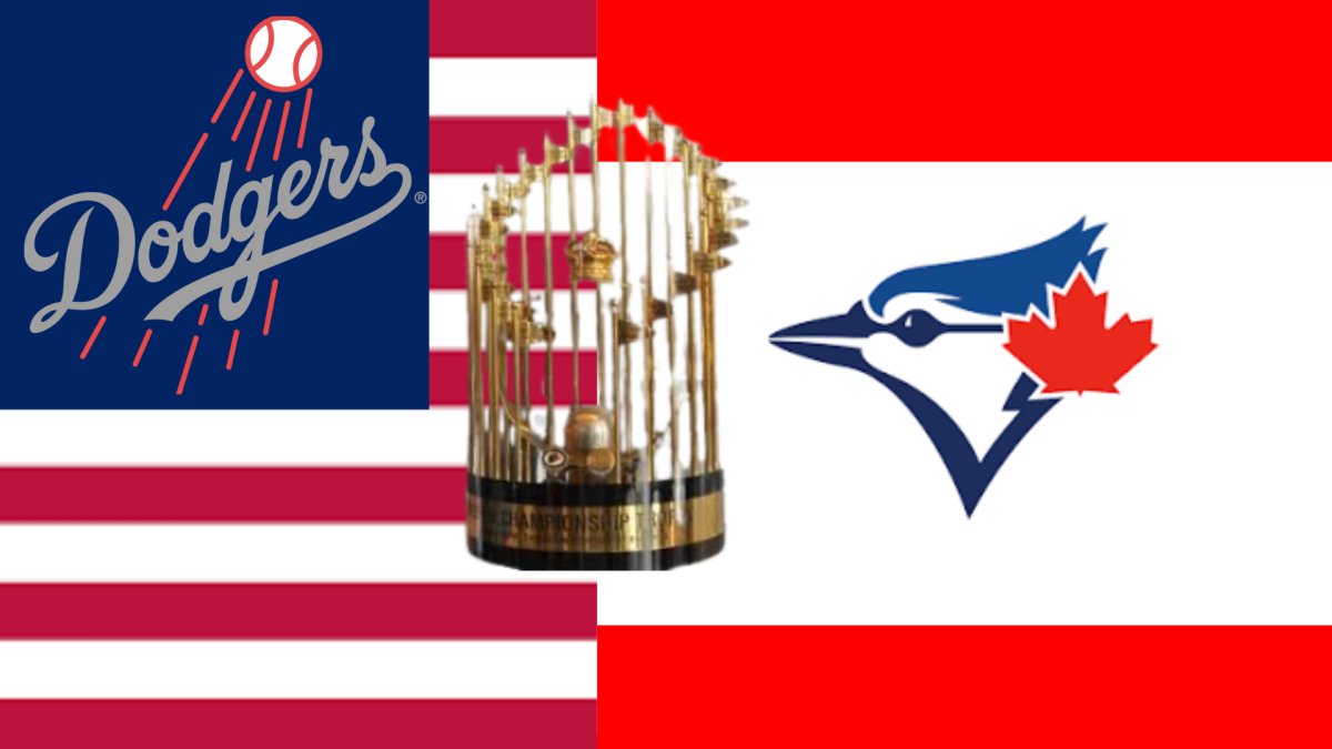 Graphic shows American Los Angeles Dodgers facing off against the Canadian Toronto Blue Jays for the World Series trophy. 