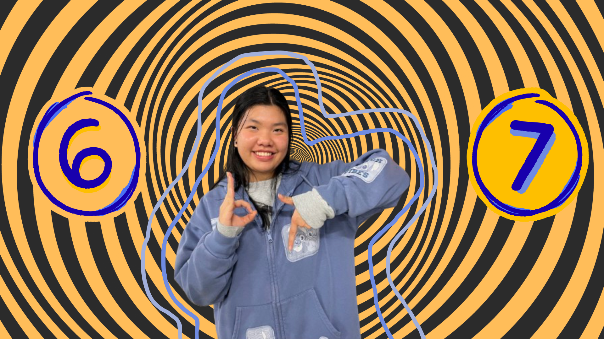 State High student Thu Ky Doan (Sofia) performs the six seven symbols with her hands in a colorful spiral background.