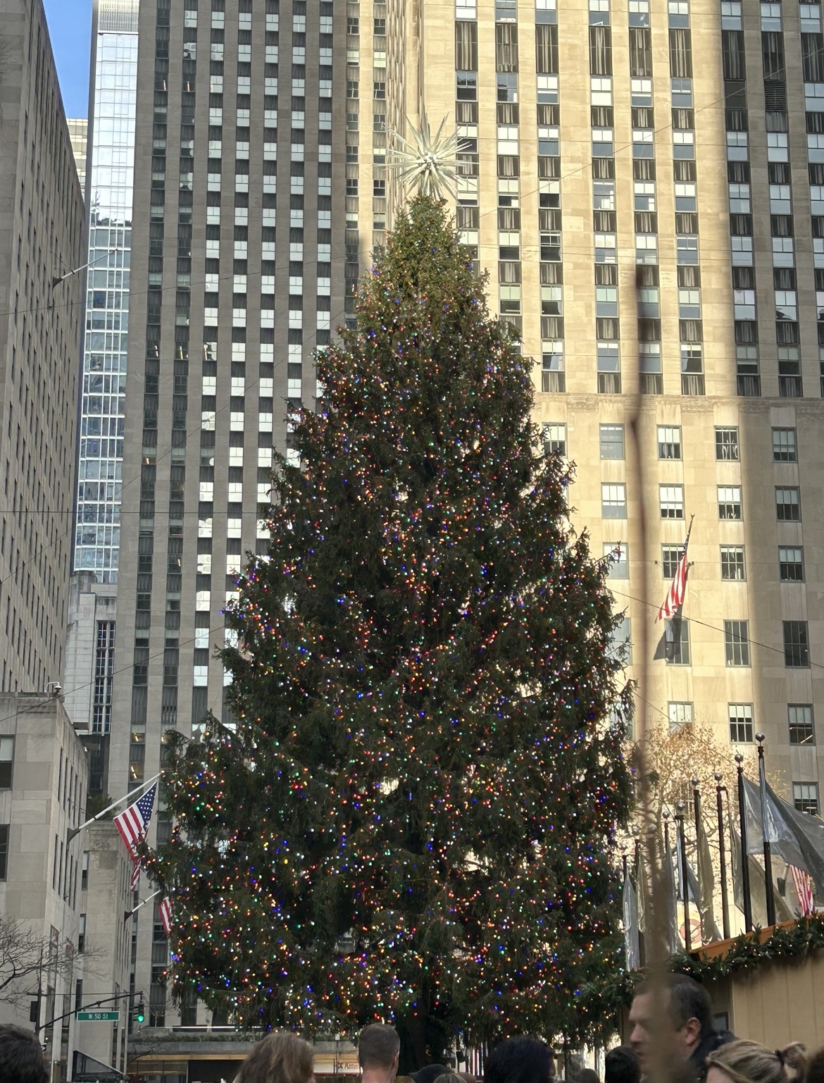 This is the large Christmas tree in NYC from 2024. The tree is very tall and has rainbow colored lights on it with a big star at the top and apartments in the background.