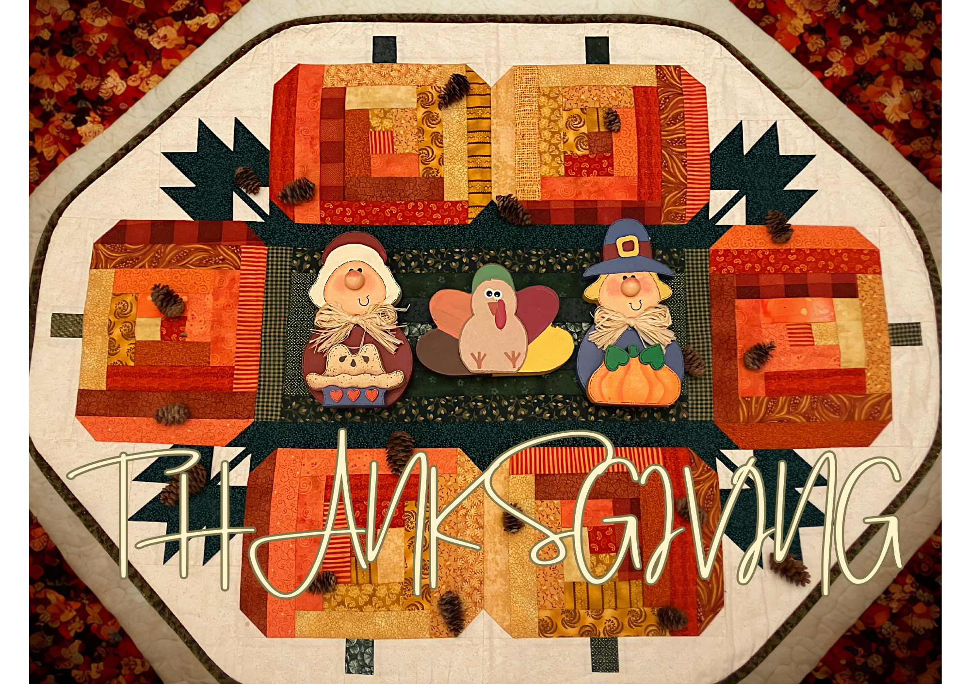 A table mate with pumpkins and pinecones outlining decorations of a turkey and a pilgrim couple. The word "Thanksgiving" is a cream color on the bottom of the photo. The background was designed on Canva, with the appearance of leaf piles.