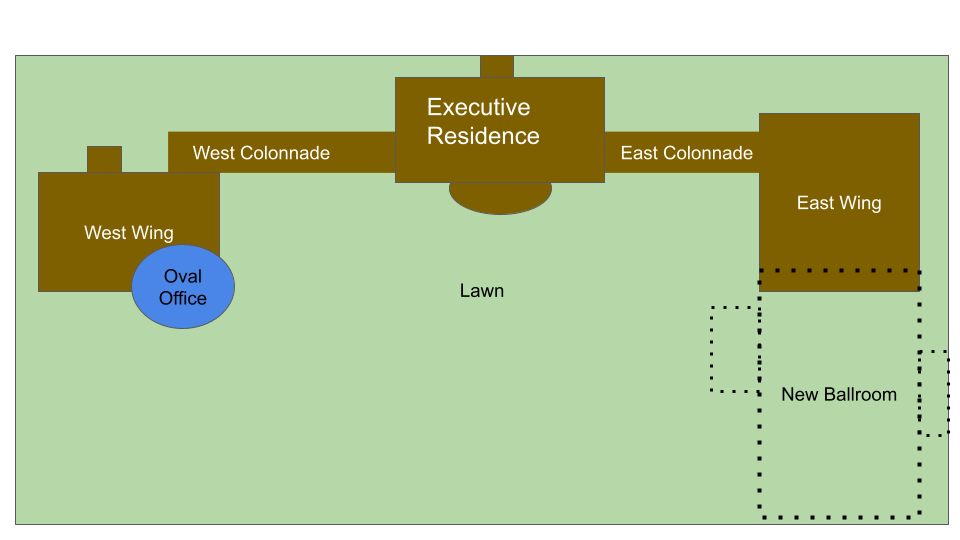 A rough blueprint for the new ballroom installment being added to the White House.  