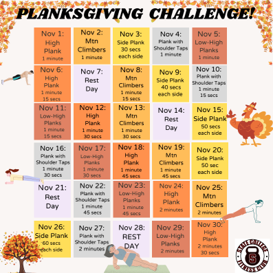 Calendar of planksgiving workouts for the month of November.