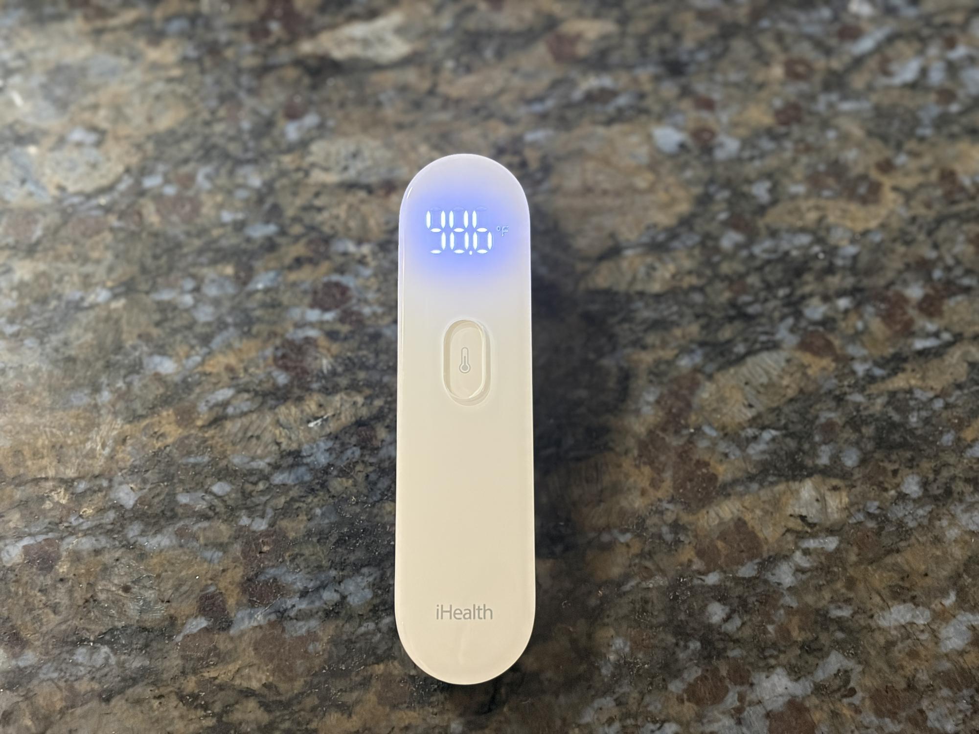 A thermometer displays a healthy temperature.