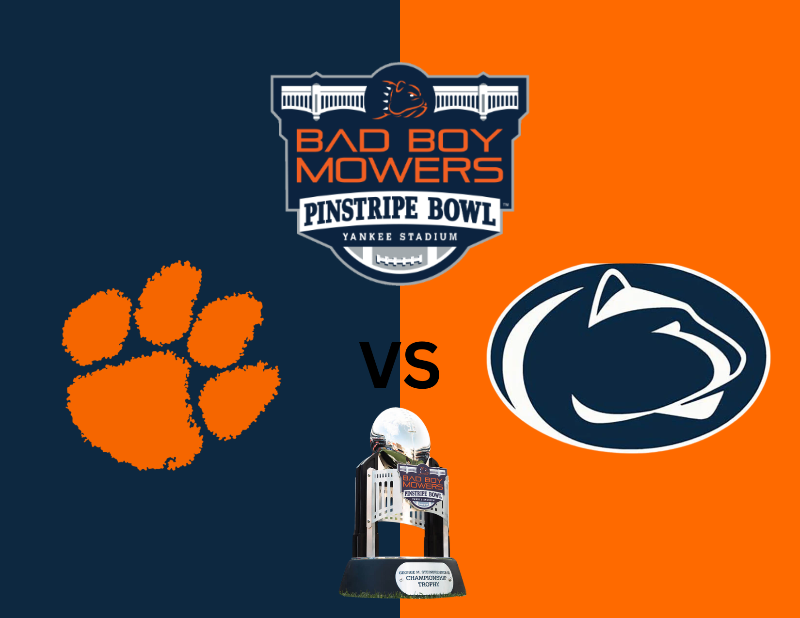 A graphic showcasing the orange Clemson paw print logo on the left, on top of a navy blue background and the Penn State logo on the right on a orange background. The Pinstripe bowl logo, which says "Bad Boy Mowers, Pinstripe Bowl" is in the middle, near the top of the image. The trophy, which is a metal trophy topped with a football, is in the middle, near the bottom.