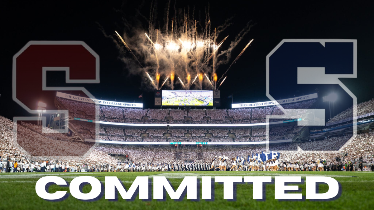 A graphic displaying Beaver Stadium with the text 'COMMITTED' to celebrate a Penn State recruitment