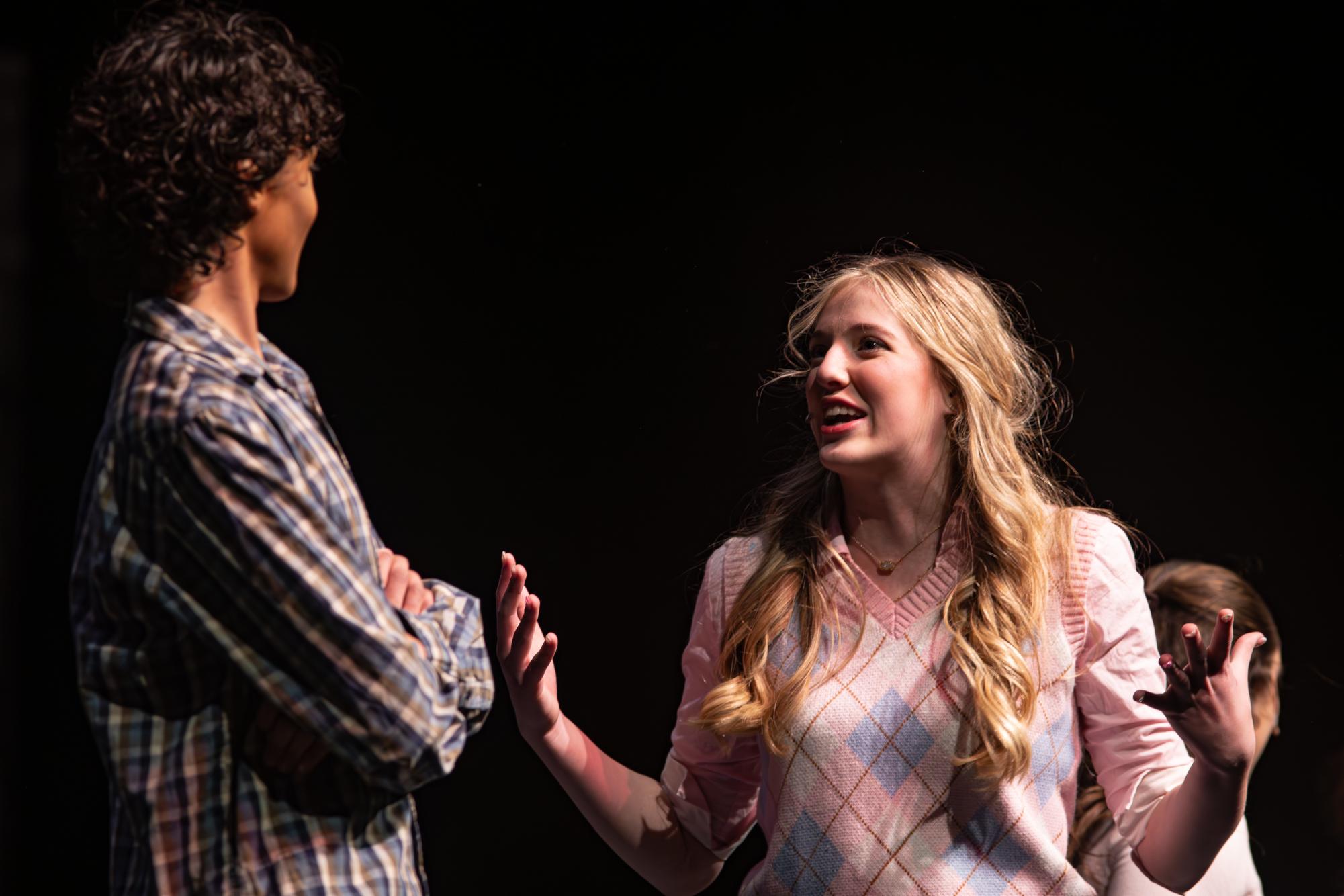 Elle Woods (Hannah Smith) passionately makes her case to Emmet Forrest (Roman Cienfuegos) during a heartfelt exchange in the play. The scene highlighted Elle’s growing confidence at Harvard. Emmet began to see her efforts and potential beyond first impressions. Smith noted that moments like these were crucial to the character’s journey, as they led to Elle “finding herself and realizing her potential and ability,” Smith said. 
