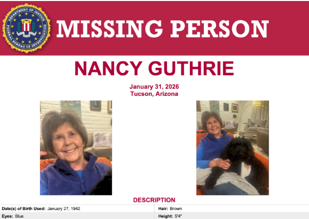 Official missing photo of Nancy Guthrie, courtesy of the Federal Bureau of Investigation