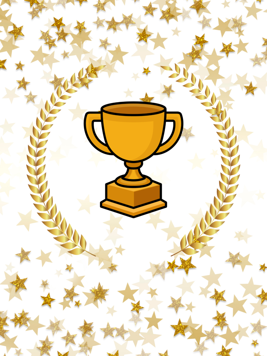 A Canva graphic displays a trophy with a gold curved feather-like design on either side of it with stars fading into the background.  
