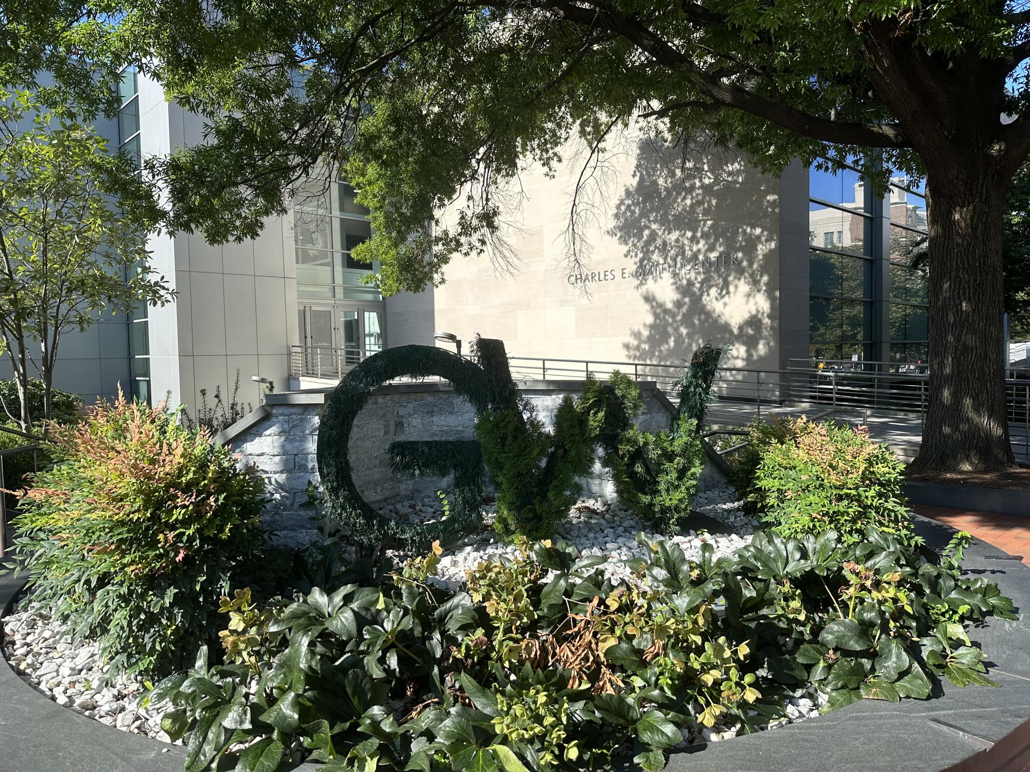 'GW' sign surrounded by greenery on George Washington University's campus. Photo Courtesy of Emma Reinhard.