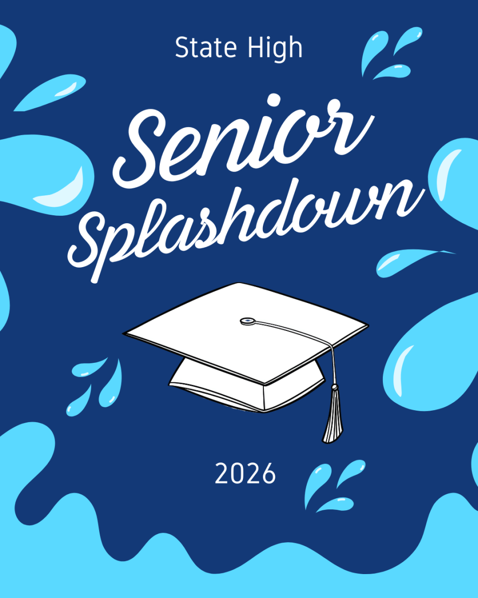 A Canva graphic reads "Senior Splashdown" with a graduation cap.