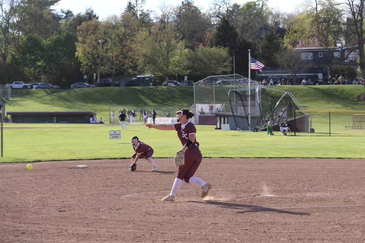 Senior Paige Moriarta pitches to the Chambersburg batter in the fifth inning.