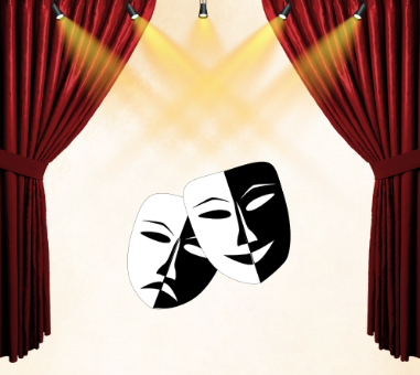 A Canva graphic displays two drama masks flanked by curtains with stage lights shining down on them.