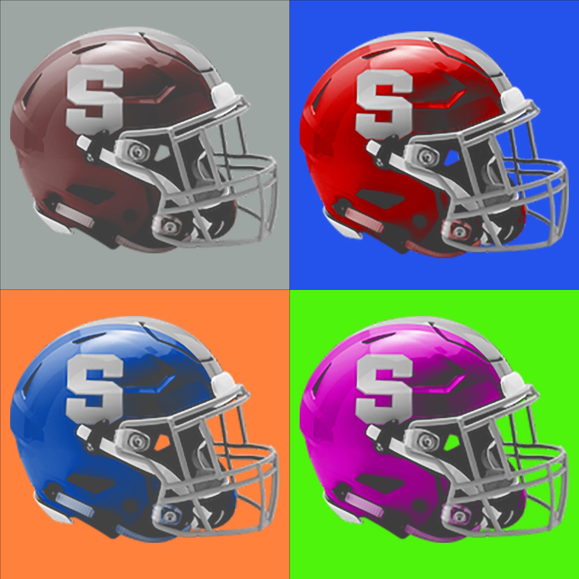 A Canva graphic displays 4 State High football helmets in different colors.
