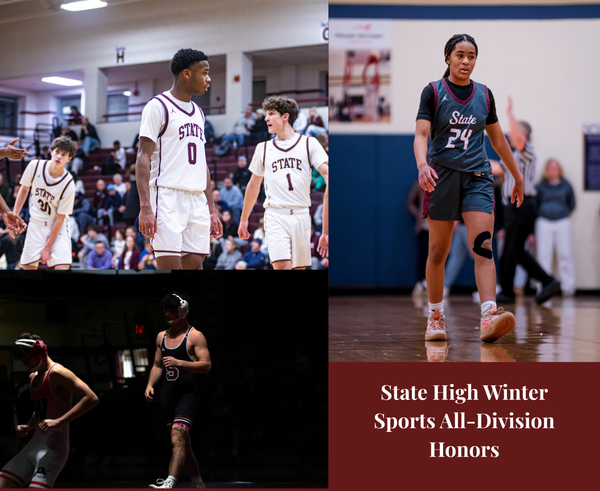 Photo collage graphic of the athletes and text that says "State High Winter Sports All-Division Honors" made in Canva.
