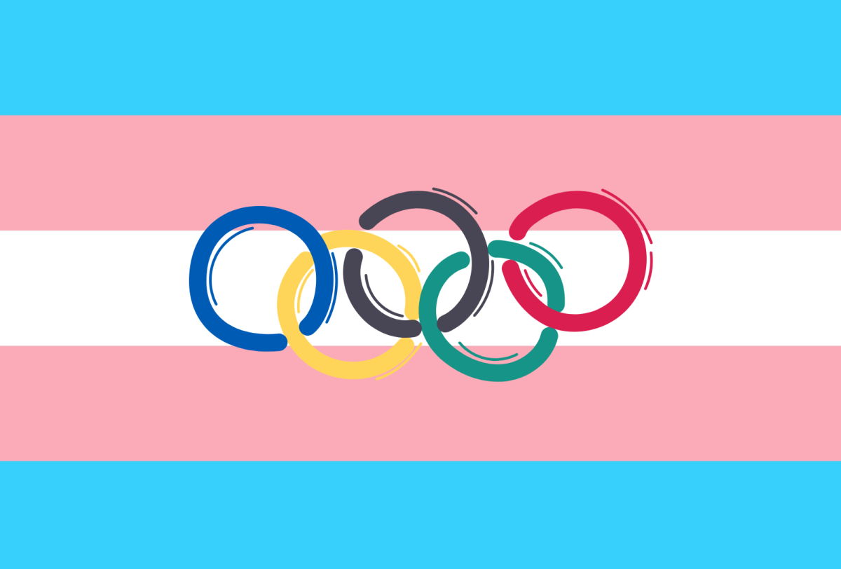 A Canva graphic combines the Olympic rings and the trans flag.