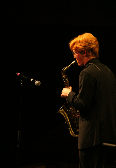 Senior Elliott Mathews, recipient of the 2026 Louis Armstrong Award, performs "Isfahan" during the concert. 
